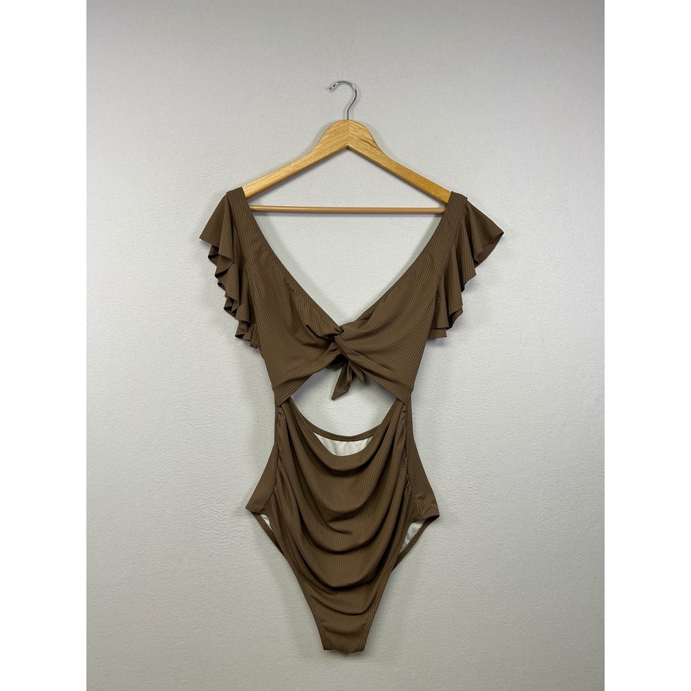 Cottagecore Charmo Women LG Brown Ruffle Sleeve Ribbed Cutout One Piece Swimsuit